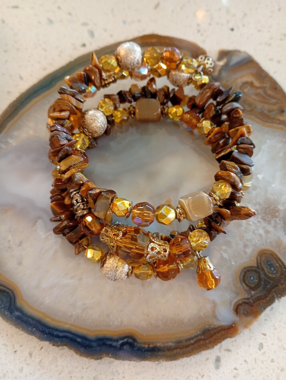 Gold & Brown 3 Strand Beaded Stretch WRAP Bracelet